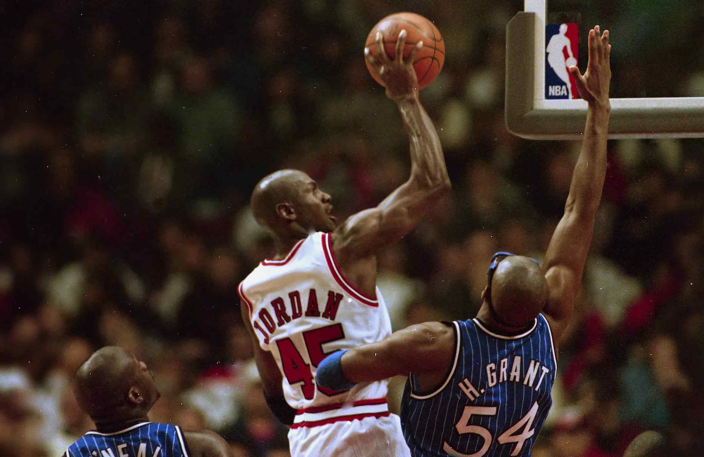 Michael Jordan playing for the Chicago Bulls.